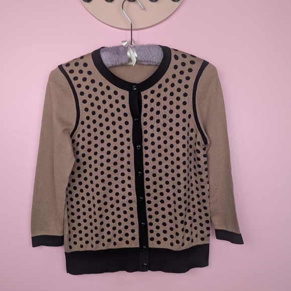 Ann Taylor Loft Petites Puce Purple & Black Polka Dot 3/4 Sleeve Cardigan - Picture 1 of 5